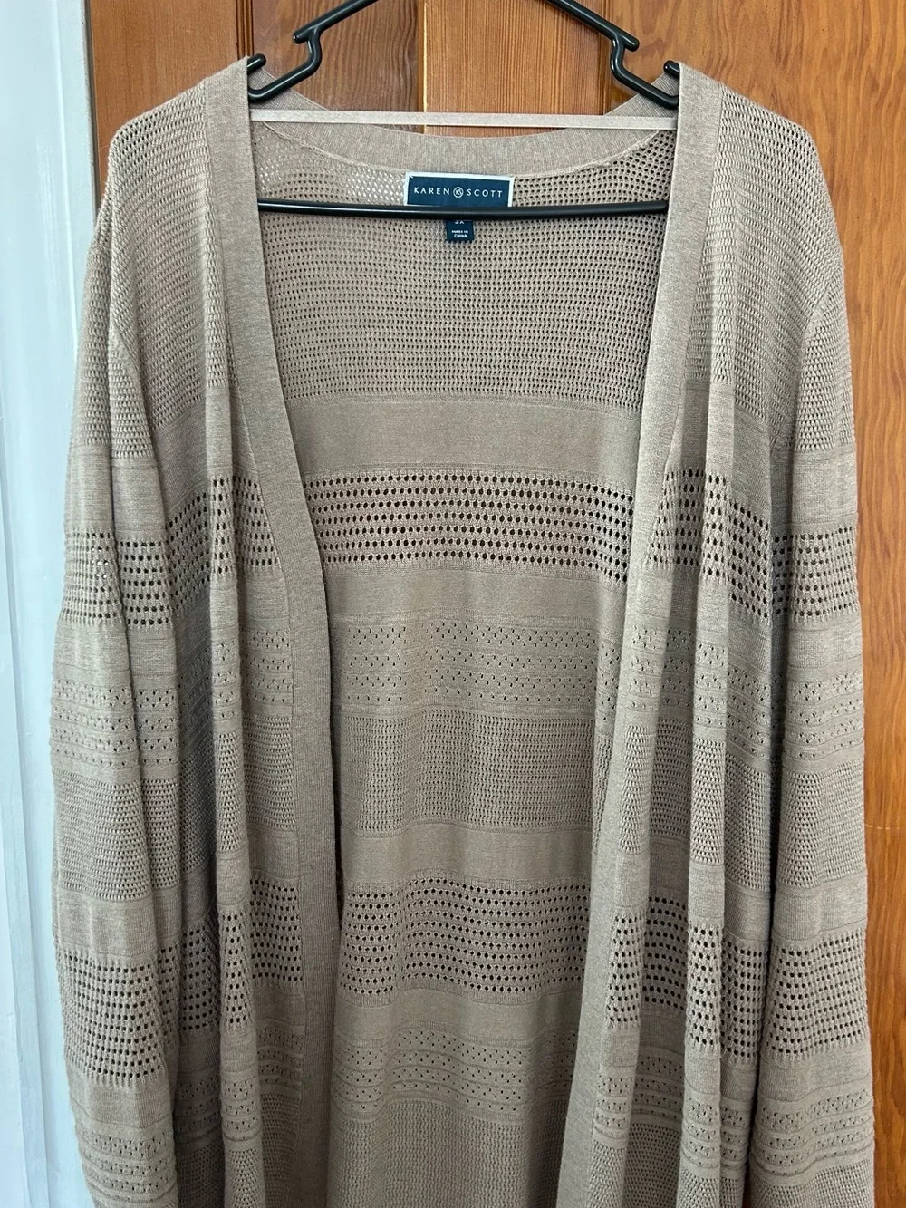 Karen Scott Lightweight Open-Front Taupe Knit Cardigan - Picture 2 of 2
